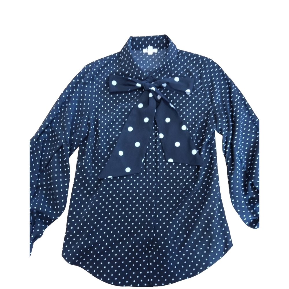 Vintage 80 Chic Black And White Blouse with Polka Dots and Bow. Sz S